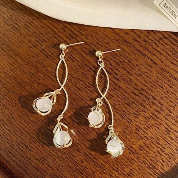 Boho-Elegant Long Tassel Opal Design Earrings Stainless Steel Drop Fashion Look - Picture 8 of 15